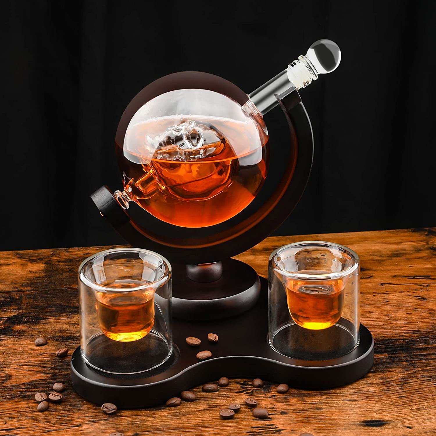 Whiskey Decanter Set with Glasses with 360 Rotatable Wood Base Floating Skull